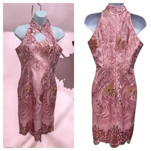 Women’s Cheongsam Qipao Dress Formal Chinese Pink Gold Lace Size S